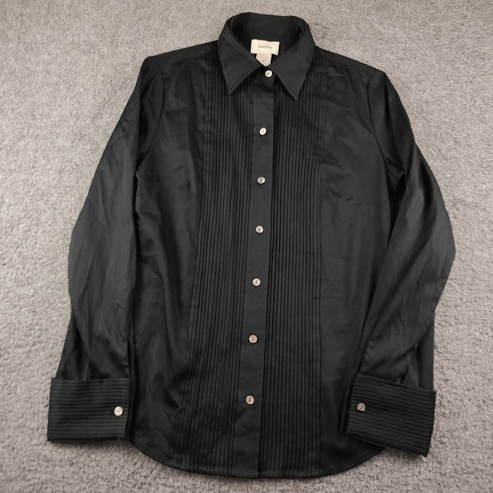 Neiman Marcus Exclusive Womens Black Pleated Tuxedo Button Down Shirt Size M NWT